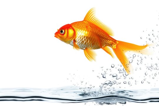 Goldfish leaping from water seeking freedom White backdrop