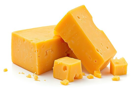 High resolution picture of cheddar cheese against white backdrop