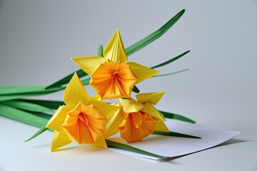 Origami narcissus and card on white background