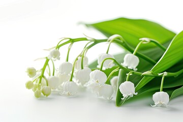 Zoomed in image of Lily of the valley blossom on white backdrop