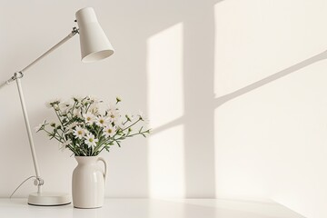 Minimalistic interior decor flower arrangement in a ceramic vase and white metal table lamp on a...