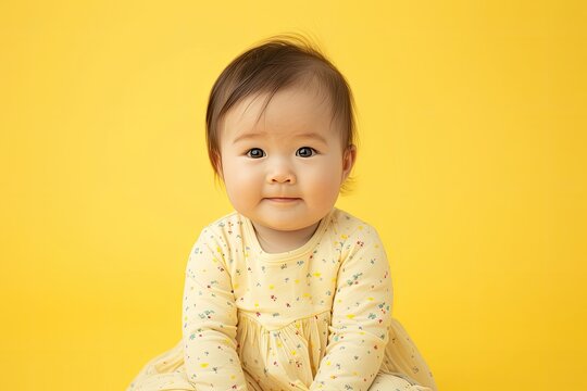 Full image of gorgeous Asian baby girl on yellow backdrop