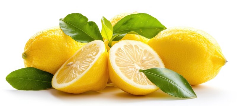 Group of fresh ripe yellow lemons fruit with leaves isolated on white background. AI generated image