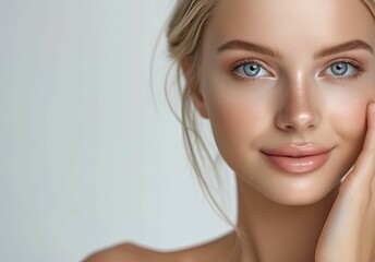 Blond woman model with beautiful hydrated skin touching face after shower - obrazy, fototapety, plakaty