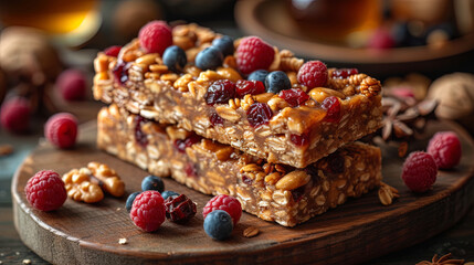 Useful bars made of dried fruits, nuts and honey are laid out on a wooden substra - obrazy, fototapety, plakaty