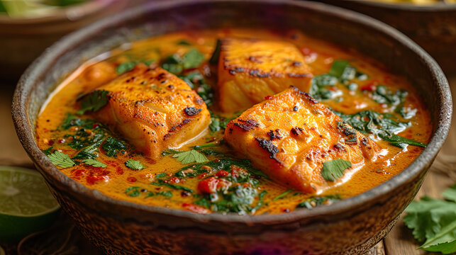 The image of the mangalore fish curry is a fish in coconut sauce with carry leaves and coconut mil