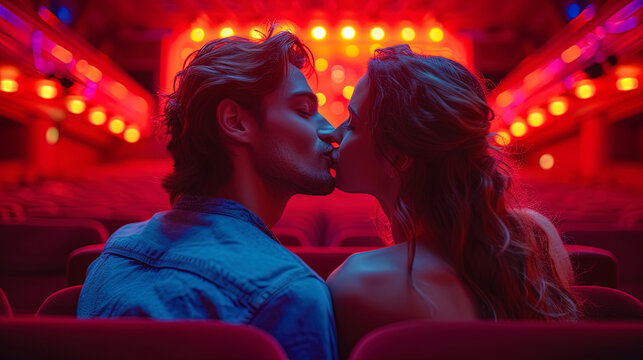 The moment of a kiss in the cinema is watching a film about love, with an exciting story of love