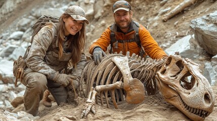 A couple of paleontologists remove dirt from a recently discovered skeleton of a dinosau - obrazy, fototapety, plakaty