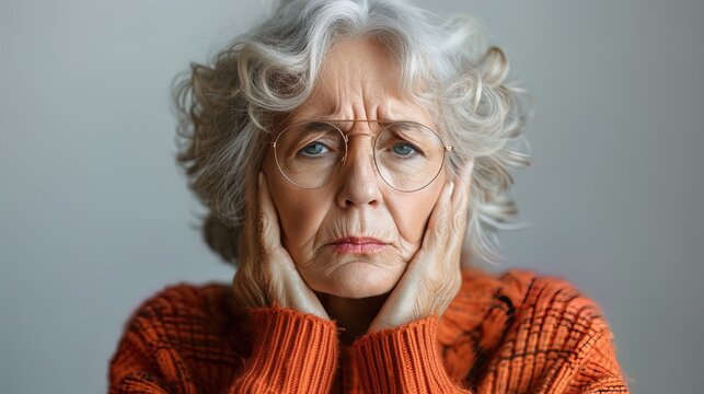 An elderly woman with migraine, isolated on a white background, experiences stress, feels sick and t