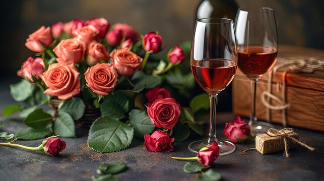 A bouquet of roses next to a wine separator, a gift box and two glasses with w