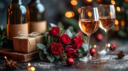 In the bouquet of roses is located next to the wine holder, a gift box and two glasses filled with wi