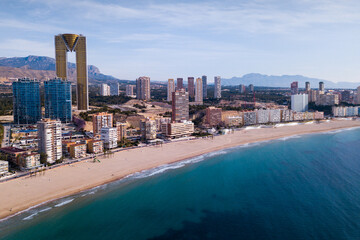 Aerial view of sand beach and city Benidorm, Spain