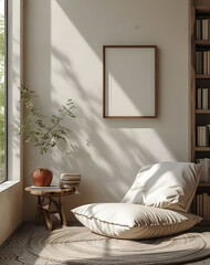 Mock up frame in room with natural wooden furniture next to a window