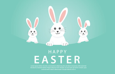 Happy Easter Day banner 3 rabbit and bunny on blue background. Greeting card and poster vector illustration.