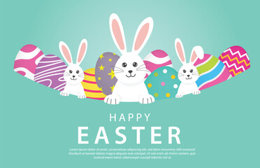 Happy Easter Day banner 3 rabbit and bunny on blue background. Greeting card and poster vector illustration.