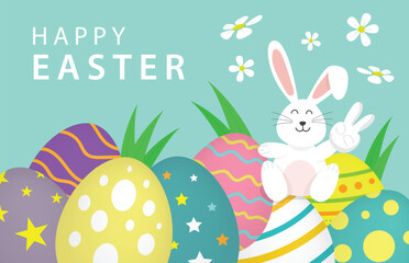 Happy Easter Day banner rabbit sitting on eggs sweet and kid style on blue background. Greeting card and poster vector illustration.