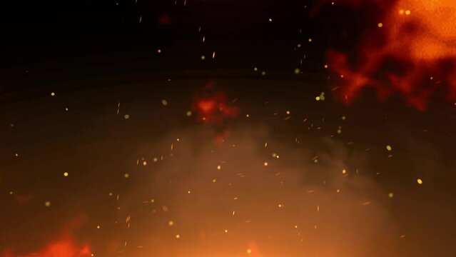Three fire effects with flying embers. Fireball exploding towards viewer, across the frame and horizontal flames.