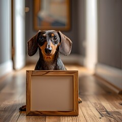 dog sitting on the floor with mockup Blank invitation card on wooden floor