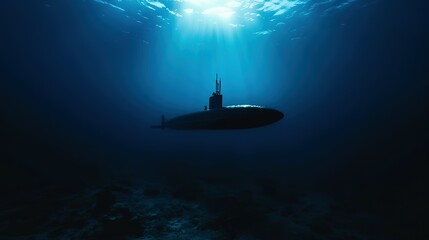 A lone submarine ventures into the blue abyss, a symbol of marine discovery