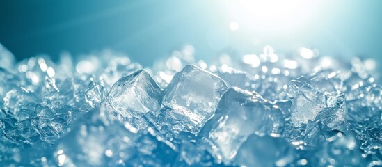 Crushed ice in sunlight on blue background, perfect for refreshing summer concept