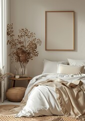 Empty Mockup Wall Art Frame with Minimal Style Bed Room Setting