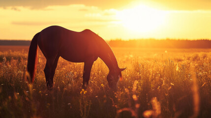 The silhouette of a lone horse grazing in a field is an idyllic scene in the peaceful countryside at dusk. - obrazy, fototapety, plakaty