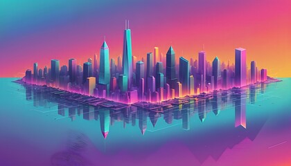 Isometric and color illustration of a big city with skyscrapers and in the style of the eighties