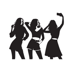 Women taking selfie pose.  talking on mobile phone. Set of women taking selfie silhouette vector illustration.