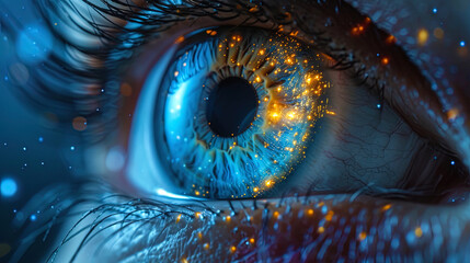 The closeup of the human eye with elements of the virtual hologram interface for observation and digital personality verification or for Lasikoperations for visio