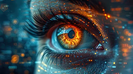 Foto op Aluminium The closeup of the human eye with elements of the virtual hologram interface for observation and digital personality verification or for Lasikoperations for visi © JVLMediaUHD