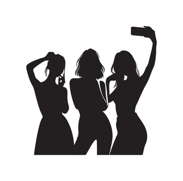 Women taking selfie pose.  talking on mobile phone. Set of women taking selfie silhouette vector illustration.