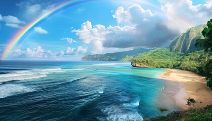 Rainbow in sky over the blue ocean, tropical island and sandy beach shoreline. The concept of mindfulness, calm, peace and happiness. 