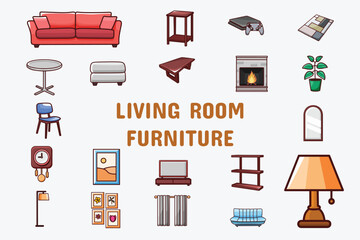 Living Room Furniture Lineal Color Vector Illustration Icon Sticker Set Design Materials