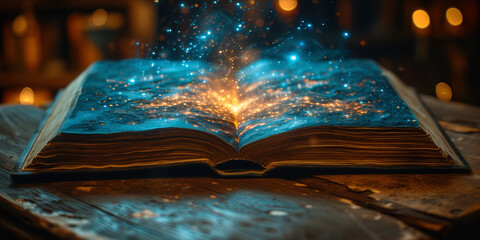 An open book on a table with a beautiful illustrative image that creates a magical atmosphere of rea - Powered by Adobe