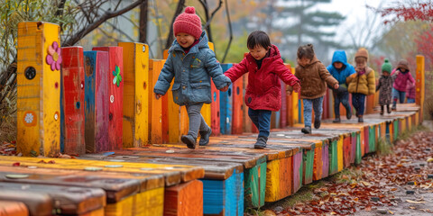 A group of children playing on a bright platform, where wooden structures are painted with cheerful flowers, giving a joyful mo