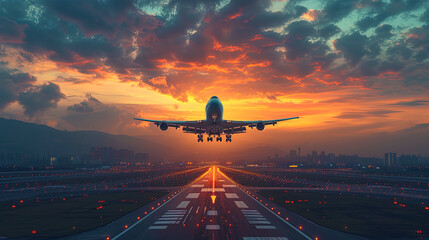A modern passenger plane, taking off into the sky against the background of sunset, foreshadowing the exciting jou