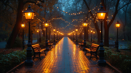 A night street scene with many luminous lamps, creating a cozy atmosphere in a city p - obrazy, fototapety, plakaty