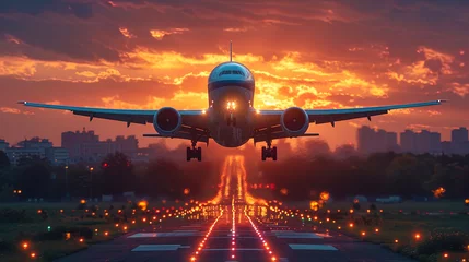 Foto op Plexiglas A modern passenger plane, taking off into the sky against the background of sunset, foreshadowing the exciting journe © JVLMediaUHD