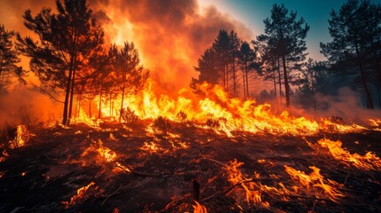  Intense orange and red flames, contrasted with the bright blue sky, the extremity of the fire's heat and destruction visible
