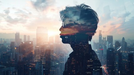 Business person silhouette overlaid on modern cityscape in a double exposure image. - obrazy, fototapety, plakaty