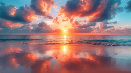 Beach sunset with warm shades of orange and pink, reflected in soft coastal w