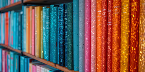 Book shelves, completely filled with colorful books, creating a cozy and cultural atmosp