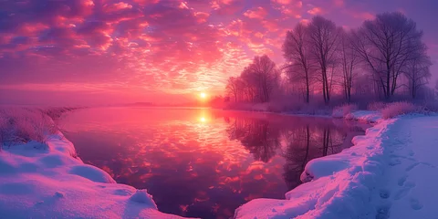 Wall murals Reflection A winter sunset reflected on a snowy surface, with a bright pink and purple shades that create a magical evening mo