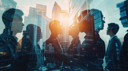 Successful business deal depicted through double exposure image of a city office building with a conference group of business people. - obrazy, fototapety, plakaty