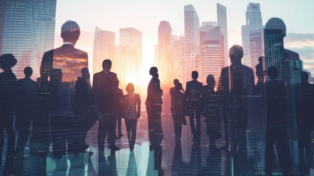 Successful business deal depicted through double exposure image of a city office building with a conference group of business people.