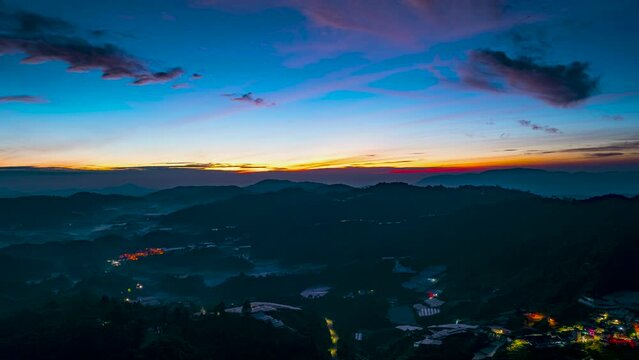 Aerial hyperlapse shot of a tea valley overlooking on the mountain in Cameron Highlands, Malaysia during beautiful sunrise. 