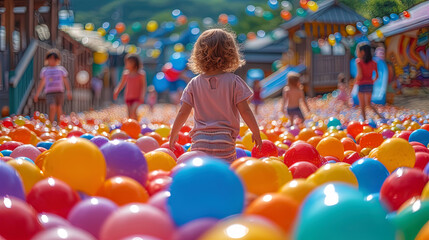 Playing children on a playground surrounded by multi colored balls, creating a fun and festive atmosp
