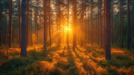 The landscape of the forest in golden shades of sunset, where the sun's rays penetrate the foliage of trees, creating a cozy atmosphe