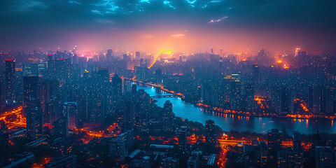 The night city landscape from a height, where the flickering lights of buildings create an impressive night city Skyl