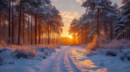 Winter forest with snowy snowy trees, creating a beautiful and cold landsca